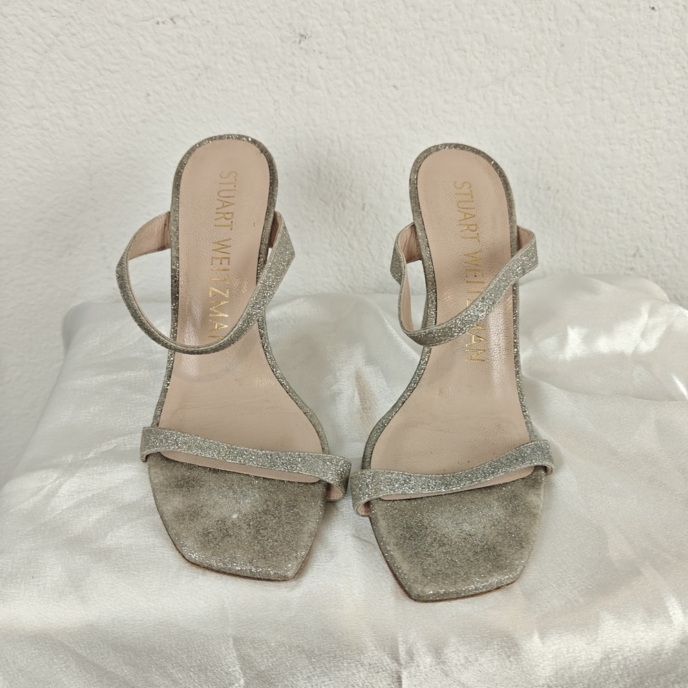 Stuart Weitzman Aleena 75 Silver Glitter Sandal Heels, Size 6 Womens - Picture 5 of 11